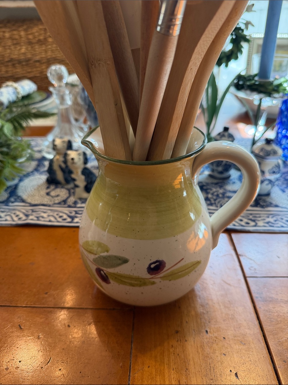 Italy Made Hand-Painted Olive Motif Ceramic Pitcher Vase in Green and White